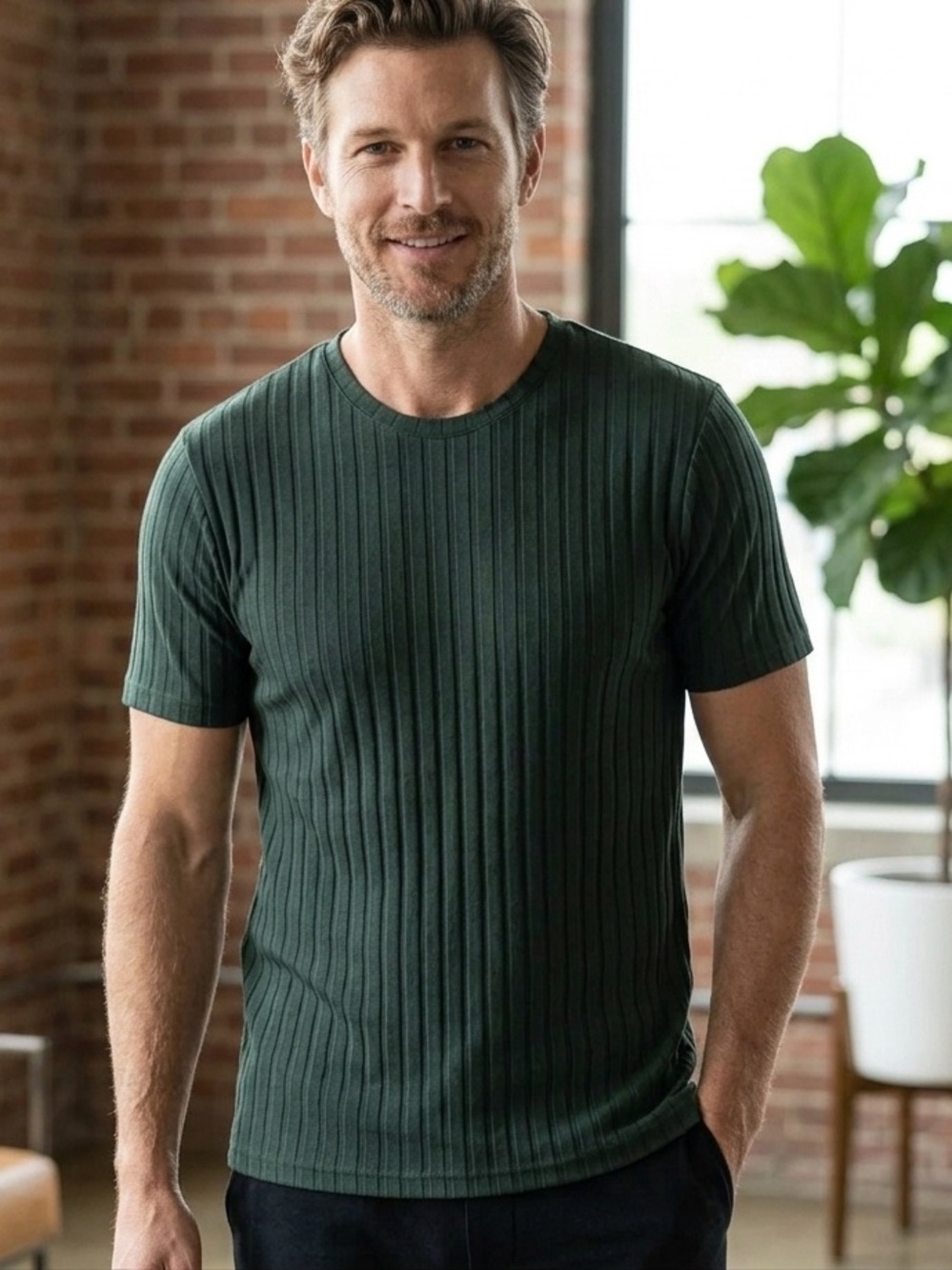 Men’s 2XL Armani Deep Green Ribbed V-Neck Short Sleeve Shirt classic 1420
